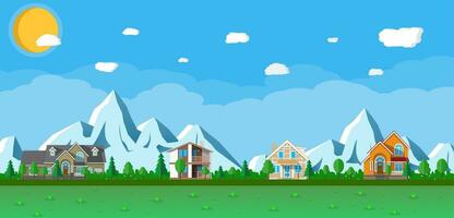 petit village paysage. en bois Maisons dans le montagnes parmi le des arbres. bleu ciel avec Soleil et des nuages. vecteur illustration dans plat tyle