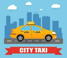 Jaune Taxi voiture dans de face de ville silhouette et ciel avec des nuages, Taxi icône, appel Taxi concept, vecteur illustration dans Facile plat conception