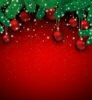 Noël carte avec rouge verre des balles, flocons de neige, fourrure branches à rouge arrière-plan, vecteur illustration, modèle pour salutation carte.