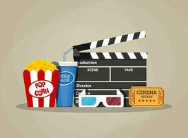 rétro film ensemble. noir clap, boîte avec Popcorn, un soda l'eau verre, 3d lunettes. billet. vecteur illustration dans plat style sur marron Contexte