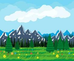 été la nature paysage avec montagnes, forêt, herbe, fleur, ciel, Soleil et des nuages. nationale parc. vecteur illustration dans plat style