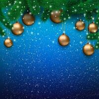 Noël carte avec or verre des balles, flocons de neige, fourrure branches à bleu arrière-plan, vecteur illustration, modèle pour salutation carte.