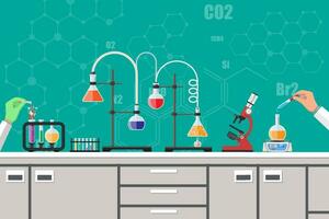 science expérience dans laboratoire. laboratoire équipement, bocaux, gobelets, flacons, microscope, esprit lampe, Balance. la biologie science éducation médical vecteur illustration dans plat style