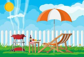 un barbecue faire la fête. Soleil fainéant, table avec bouteille de vin, des légumes et fromage, électrique gril avec barbecue et parapluie. cuisine steak, Viande et saucisses, grillage un barbecue. vecteur illustration plat style