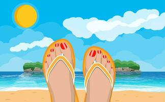 aux femmes pieds dans retourner flops. paysage de plage avec îles. Soleil avec réflexion dans l'eau et des nuages. journée dans tropical lieu. vacances et vacances. vecteur illustration dans plat style