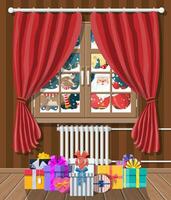 Père Noël claus et le sien renne regards dans vivant pièce la fenêtre. intérieur de pièce avec cadeaux. content Nouveau année décoration. joyeux Noël vacances. Nouveau année et Noël fête. vecteur illustration plat style
