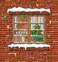 Noël fenêtre dans brique mur. vivant pièce avec Noël arbre et cheminée. content Nouveau année décoration. joyeux Noël vacances. Nouveau année et Noël fête. vecteur illustration plat style