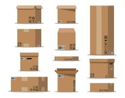pile papier carton des boites ensemble. carton livraison emballage ouvert et fermé boîte avec fragile panneaux. vecteur illustration dans plat style