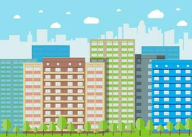 moderne ville voir. paysage urbain avec Bureau et résidentielle bâtiments, des arbres, bleu Contexte avec des nuages. vecteur illustration dans plat style