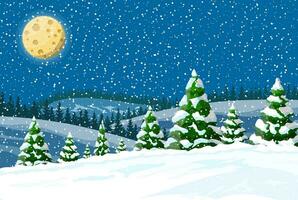 hiver paysage avec blanc pin des arbres sur neige colline dans nuit. Noël paysage avec sapin des arbres forêt et il neige. content Nouveau année fête. Nouveau année Noël vacances. vecteur illustration plat style