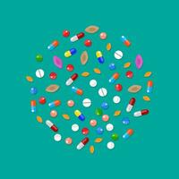 différent coloré médical pilules capsules et comprimés dans cercle. médicaments collection. vecteur illustration dans plat style