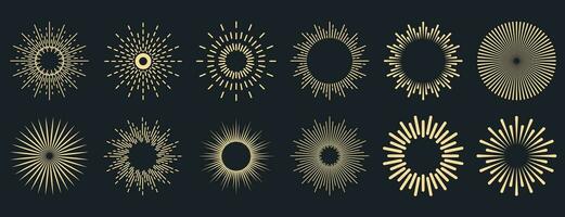 sunburst collection. radial le coucher du soleil poutres. éclatement d'or Soleil des rayons. feux d'artifice. logotype ou caractères conception élément. plat vecteur illustration.