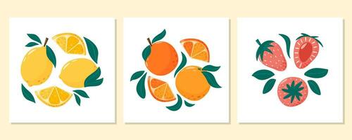 une ensemble de cartes avec un abstrait fruit composition. citron, orange, fraise avec feuilles. été vitamine vecteur carré illustration pour bannière, affiche, prospectus, social médias. dessin animé plat style.