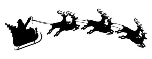 silhouette de Père Noël claus sur traîneau plein de cadeaux et le sien rennes. content Nouveau année décoration. joyeux Noël vacances. Nouveau année et Noël fête. vecteur illustration dans plat style