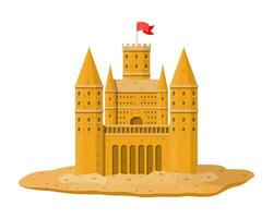 le sable château. château de sable Fait main sculpture. forteresse avec tours. fort avec portes et drapeau. des gamins les enfants loisir amusement jeu. des gamins Cour de récréation. vecteur illustration dans plat style