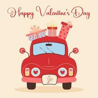 rouge voiture avec présent des boites sur Haut. content valentines journée carte. l'amour rétro auto. dessin animé plat vecteur illustration.