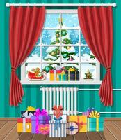 Noël paysage avec forêt dans la fenêtre. intérieur de pièce avec cadeaux. content Nouveau année décoration. joyeux Noël vacances. Nouveau année et Noël fête. vecteur illustration plat style