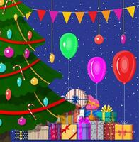 Noël arbre décoré avec coloré des balles, guirlande lumières, d'or étoile. beaucoup de cadeau des boites. épicéa, à feuilles persistantes arbre. salutation carte, de fête affiche. Nouveau an. vecteur illustration dans plat style