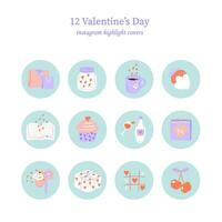 collection de points forts pour la Saint-Valentin journée. ensemble de l'amour rond autocollants avec cadeaux, thé, fraise, gâteau, vigne, bonbons et calendrier. 14 ans février. dessin animé style. main tiré vecteur illustration