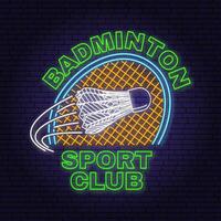 badminton sport néon emblème, logo. vecteur illustration. ancien badminton étiquette avec raquette et volant silhouettes. concept pour chemise ou logo, imprimer, timbre ou publicité.