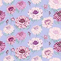 sans couture vecteur main tiré modèle de fleurs pivoines, dahlias avec feuilles. artistique, féminin, pastel floral sur une bleu Contexte imprimer. conception pour textile, mode, tissu, fond d'écran