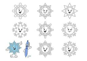 coloration page avec mignonne et marrant de flocons de neige pour les enfants. feuille de travail pour pratiquant moteur compétences enfants. vecteur illustration