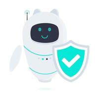 robot chatbot icône signe plat style design vector illustration isolé sur fond blanc. mignon ai bot helper mascotte personnage symbole concept assistant commercial avec bouclier de protection.