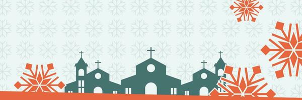 Noël Contexte avec neige ornements et église silhouette. vecteur modèle pour bannière, affiche, social médias, Christian vacances salutation carte.