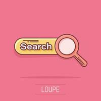 icône de l'interface utilisateur de la barre de recherche de dessin animé vectoriel dans le style comique. pictogramme d'illustration de formulaire de site Web de recherche. trouver le concept d'effet splash d'entreprise de recherche.