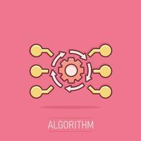 icône de logiciel api d'algorithme de dessin animé vectoriel dans le style comique. engrenage avec pictogramme d'illustration de concept de flèche. concept d'effet d'éclaboussure d'entreprise d'algorithme.