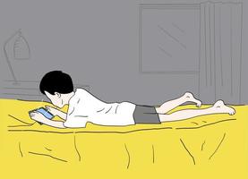 un petit garçon regarde un film à partir d'un gadget sur le lit. illustrations de conception de vecteur de style dessinés à la main.