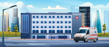 Publique hôpital bâtiment avec ambulance urgence auto. médical clinique avec ville Contexte paysage illustration vecteur