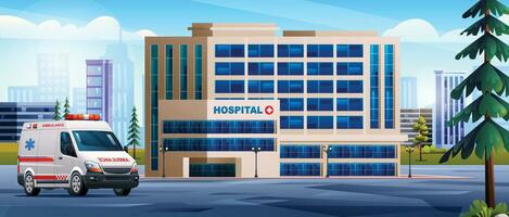 hôpital bâtiment avec ambulance urgence auto. médical clinique avec ville Contexte paysage illustration vecteur