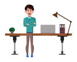 le personnage de dessin animé d'homme d'affaires se tient près de sa table ou de son lieu de travail vecteur