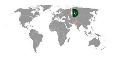 épinglez la carte avec le drapeau pakistanais sur la carte du monde. illustration vectorielle. vecteur