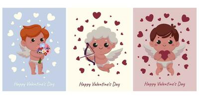 une ensemble de cartes avec mignonne Cupidon personnages. cartes, autocollants pour la Saint-Valentin journée dans dessin animé style, plat style. fête, événement. vecteur