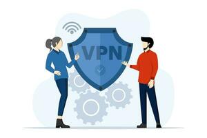 virtuel privé réseau concept. vpn un service sur portable. Les données protection, éloigné les serveurs, cyber sécurité, sécurise la toile circulation. moderne plat dessin animé style. vecteur illustration sur blanc Contexte.