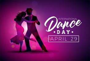 Journée internationale de la danse Vector Illustration avec couple de danseurs de tango sur fond violet. Modèle de conception de bannière, flyer, invitation, brochure, affiche ou carte de voeux.