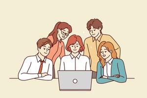 réussi affaires équipe regards à portable écran ensemble participant dans entreprise en ligne réunion vecteur