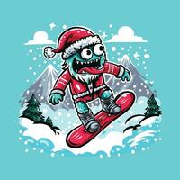 Père Noël claus sur snowboard. mignonne monstre portant une Père Noël claus costume en jouant planche a neige dans le neigeux montagnes vecteur