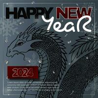 content Nouveau année 2024 carte avec dragon, flocons de neige, et de félicitations texte dans or et noir couleurs. vecteur 3d illustration.