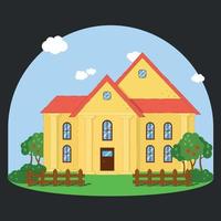maison jaune avec toit rouge, clôture brune, pelouse et pommiers vecteur