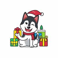 chien husky sibérien de personnage de dessin animé de vecteur avec des cadeaux