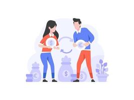 illustration vectorielle business finance homme et femme échanger de l'argent du dollar à l'euro livre sterling changer les gens style design plat de caractère vecteur