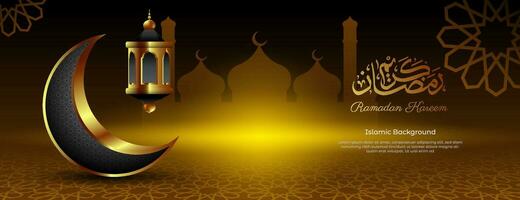 d'or islamique Contexte. Ramadan kareem bannière conception dans or et noir avec arabe calligraphie. vecteur illustration