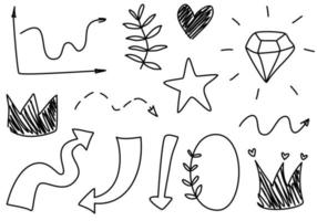 doodle cadres ligne flèches coeur étoile diamant couronne. loupe de croquis mis en collection isolée mignonne pour le bureau. vecteur