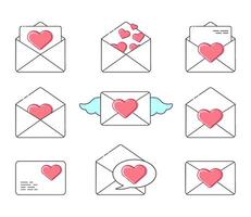 ensemble de Icônes envoi postal enveloppe avec cœurs pour valentines journée. ouvert et fermé enveloppes, message avec aimer, être mon Valentin vecteur