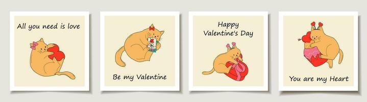 ensemble de la Saint-Valentin journée cartes mignonne chats avec valentines décorations. aimer, la Saint-Valentin journée vecteur