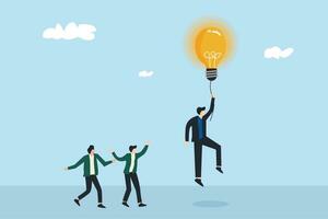 concept affaires des idées, à la recherche pour bien des idées et concepts pour entreprise. homme d'affaire en volant avec lumière ampoule. vecteur