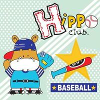 hippopotame, dessin animé, jouer, baseball, vecteur, illustration, -, fond, vecteur, modifiable vecteur
